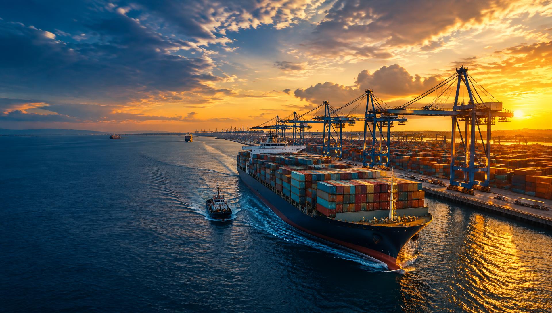 Container ship arriving at port at dusk